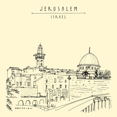 Kudüs, İsrail. Ağlama duvarı. Seyahat kroki. El turistik kartpostal, poster, takvim ya da kitap illüstrasyon çekilmiş. Jerusalem şehir görünümü kartpostal vektör el yazı ile