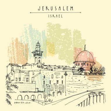 Kudüs, İsrail. Ağlama duvarı. Seyahat kroki. El turistik kartpostal, poster, takvim ya da kitap illüstrasyon çekilmiş. Jerusalem şehir görünümü kartpostal vektör el yazı ile