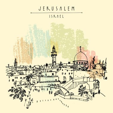 Kudüs, İsrail. Şehir manzarası. Ağlama Duvarı. Seyahat kroki. El turistik kartpostal, poster, takvim ya da kitap illüstrasyon çekilmiş. Jerusalem şehir görünümü kartpostal vektör el yazı ile