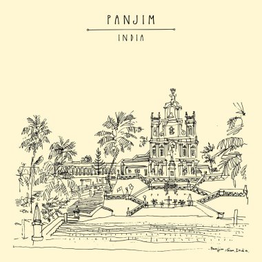Panjim (Panaji), Goa, Hindistan. Meryem Immaculate Conception Katolik Kilisesi'nin. Portekizli koloni tarzı bina. Elle çizilmiş cityscape. Seyahat kroki. Vintage sanatsal kartpostal. Vektör 