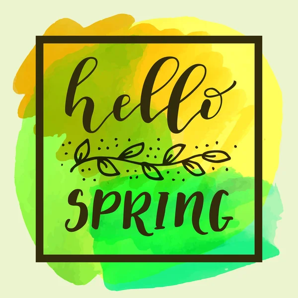 Carte Voeux Calligraphie Moderne Hello Spring Sur Fond Aquarelle Jaune — Image vectorielle