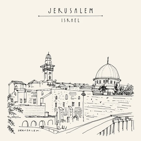Jerusalem Israel Wailing Wall Travel Sketch Hand Drawn Touristic Postcard — Stock Vector