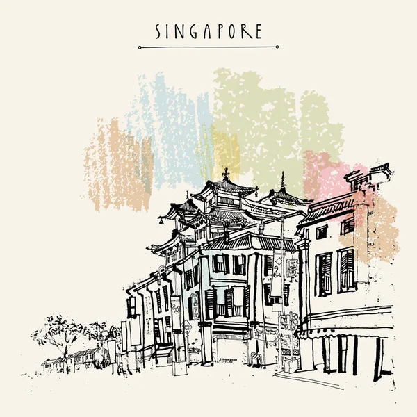 Singapur China Dibujo Ciudad Postal Viaje Vintage Póster Con Letras — Vector de stock