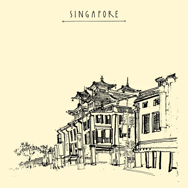 Singapur China Dibujo Ciudad Postal Viaje Vintage Póster Con Letras — Vector de stock