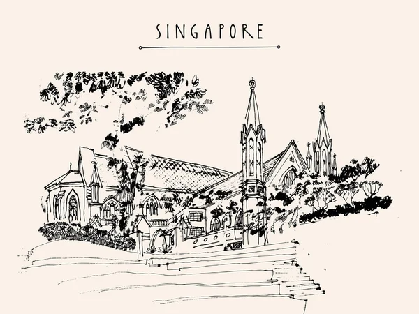 Catedral San Andrés Singapur Postal Póster Viaje Dibujado Mano Con — Vector de stock