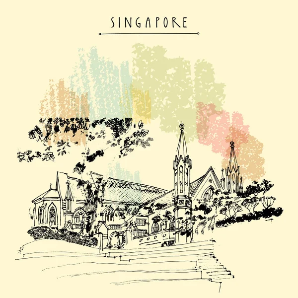 Catedral San Andrés Singapur Postal Póster Viaje Dibujado Mano Con — Vector de stock