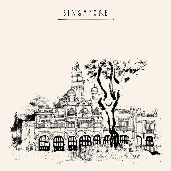Singapur Požární Stanice Černobílé Kresby Vintage Cestování Pohlednice Nebo Plakát — Stockový vektor
