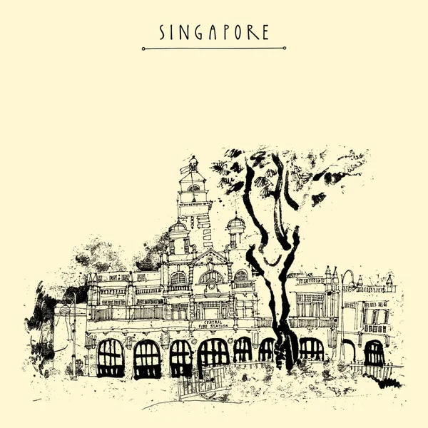 Singapore Fire Station Black White Drawing Vintage Travel Postcard Poster — Stock Vector