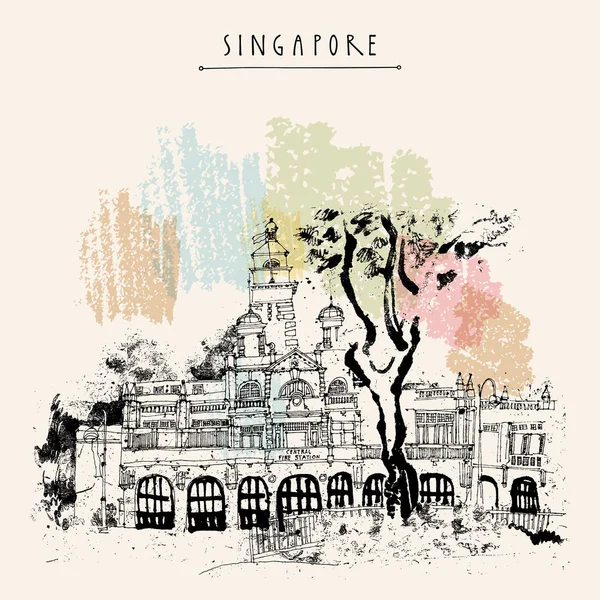 Singapur Požární Stanice Černobílé Kresby Vintage Cestování Pohlednice Nebo Plakát — Stockový vektor