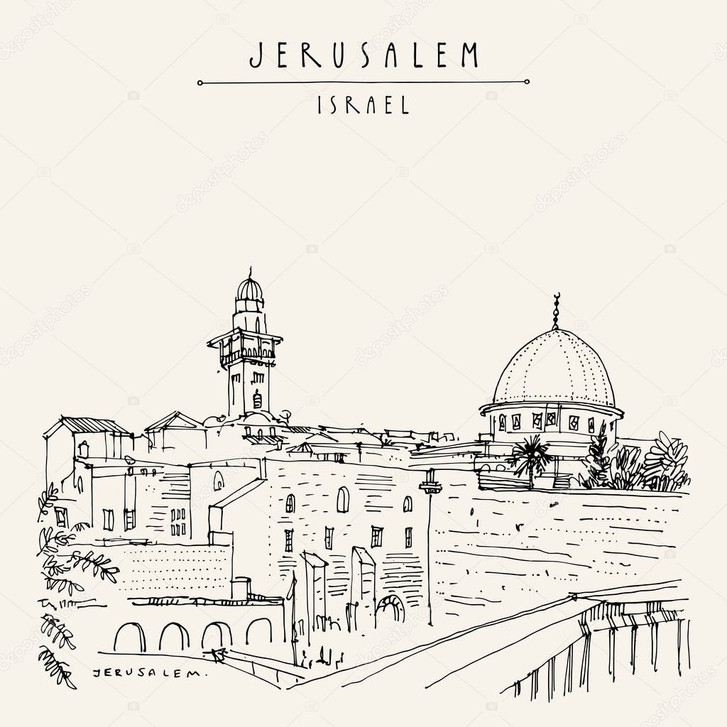 Jerusalem, Israel. Wailing wall. Travel sketch. Hand drawn touristic postcard, poster, calendar or book illustration. Jerusalem city view postcard with hand lettering in vector
