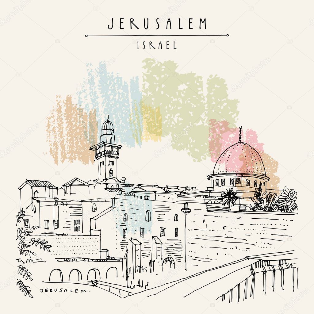 Jerusalem, Israel. Wailing wall. Travel sketch. Hand drawn touristic postcard, poster, calendar or book illustration. Jerusalem city view postcard with hand lettering in vector