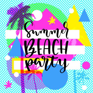 Yaz plaj partisi modern hat. Son moda parlak renkli geometrik arka plan düz palmiye ağaçlarının yaz tasarım. Canlı neşeli iyimser yaz vektör afiş, poster