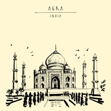 Taj Mahal Agra, Hindistan. Eski tarihi mimarisi. Taj Mahal'ı Türbesi. Ünlü tarihi dönüm noktası. Vektör el çekilmiş seyahat kartpostal