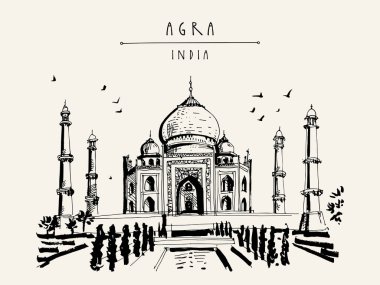 Taj Mahal Agra, Hindistan. Eski tarihi mimarisi. Taj Mahal'ı Türbesi. Ünlü tarihi dönüm noktası. Vektör el çekilmiş seyahat kartpostal