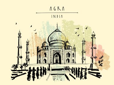 Taj Mahal Agra, Hindistan. Eski tarihi mimarisi. Taj Mahal'ı Türbesi. Ünlü tarihi dönüm noktası. Vektör el çekilmiş seyahat kartpostal