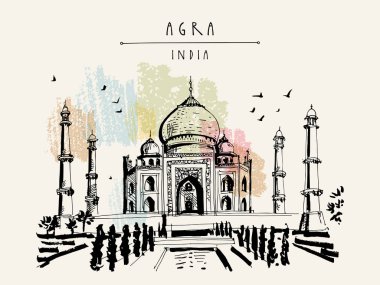Taj Mahal Agra, Hindistan. Eski tarihi mimarisi. Taj Mahal'ı Türbesi. Ünlü tarihi dönüm noktası. Vektör el çekilmiş seyahat kartpostal