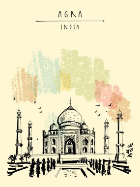 Taj Mahal Agra, Hindistan. Eski tarihi mimarisi. Taj Mahal'ı Türbesi. Ünlü tarihi dönüm noktası. Vektör el çekilmiş seyahat kartpostal