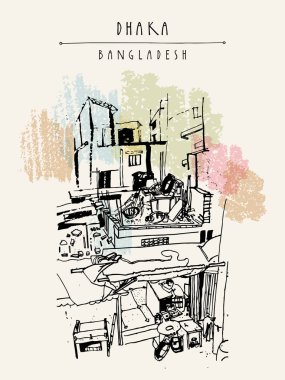 Evler ve dakka, Bangladeş, Asya günlük yaşamda. Vintage el çekilmiş kartpostal vektör