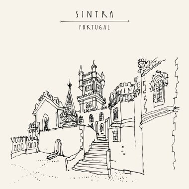 Sintra, Portekiz, Avrupa. Pena National Palace (Palacio Nacional da Pena). El çizimi retro tarzı. Seyahat kroki. Vintage turistik kartpostal, poster, takvim ya da kitap illüstrasyon vektör