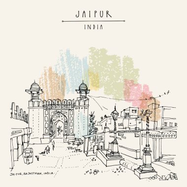 Jaipur, Rajasthan, India. Galta Gate. Heritage site. Jaipur is part of the Golden Triangle touristic rout in India. Architechtural travel sketch. Vintage hand drawn touristic postcard. Vector clipart