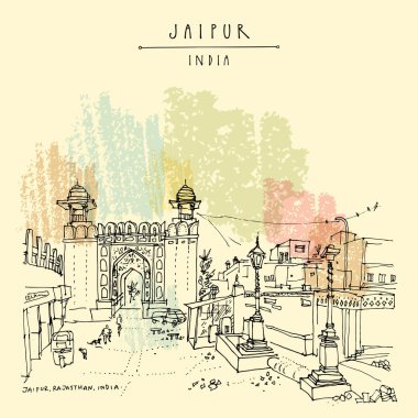 Jaipur, Rajasthan, Hindistan. Galta kapısı. Mirası. Jaipur, Hindistan altın üçgen turistik bozgun parçasıdır. Architechtural seyahat kroki. Vintage el çekilmiş turistik kartpostal. Vektör
