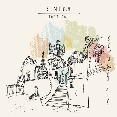 Sintra, Portekiz, Avrupa. Pena National Palace (Palacio Nacional da Pena). El çizimi retro tarzı. Seyahat kroki. Vintage turistik kartpostal, poster, takvim ya da kitap illüstrasyon vektör