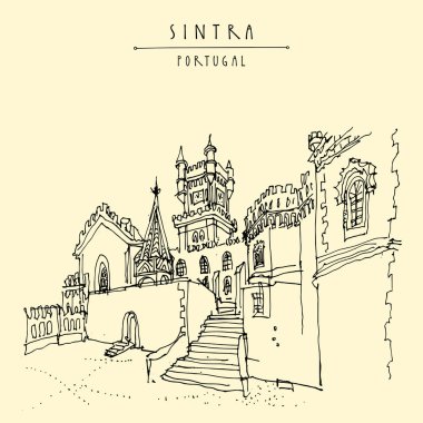 Sintra, Portekiz, Avrupa. Pena National Palace (Palacio Nacional da Pena). El çizimi retro tarzı. Seyahat kroki. Vintage turistik kartpostal, poster, takvim ya da kitap illüstrasyon vektör