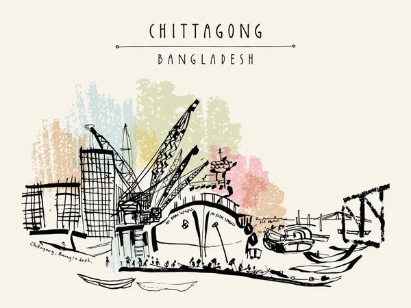 Port Chittagong Banglades Ázsiában Vintage Kézzel Rajzolt Képeslap Plakát Vagy — Stock Vector