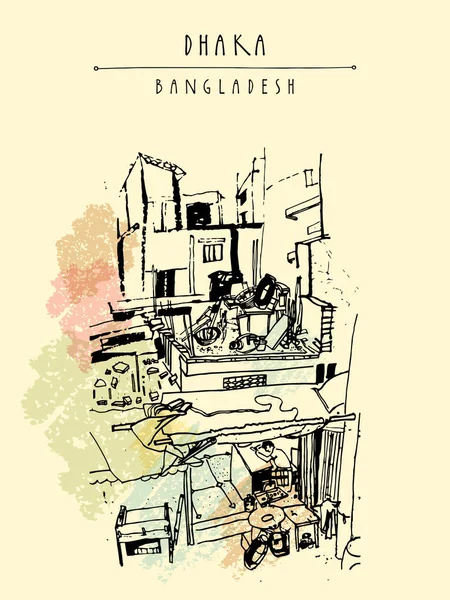 Családi Házak Mindennapi Élet Dhaka Bangladesben Ázsia Vintage Kézzel Rajzolt — Stock Vector