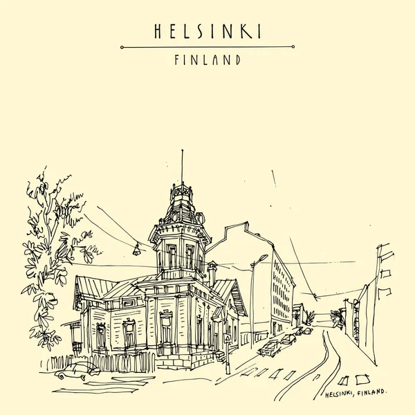 赫尔辛基 城市街道拐角与一个古老的木结构房屋 旅行素描 复古旅游明信片 书籍插图 — 图库矢量图片