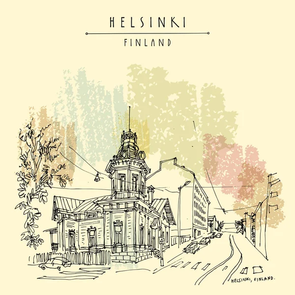 Helsinki Finnland Europa Straßenecke Mit Einem Alten Holzhaus Handzeichnung Reiseskizze — Stockvektor