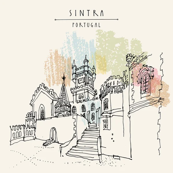 Sintra, Portekiz, Avrupa. Pena National Palace (Palacio Nacional da Pena). El çizimi retro tarzı. Seyahat kroki. Vintage turistik kartpostal, poster, takvim ya da kitap illüstrasyon vektör
