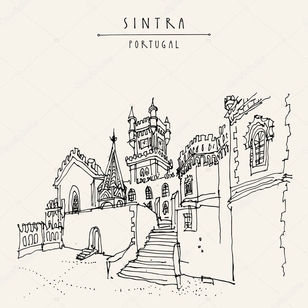 Sintra, Portugal, Europe. Pena National Palace (Palacio Nacional da Pena). Hand drawing in retro style. Travel sketch. Vintage touristic postcard, poster, calendar or book illustration in vector