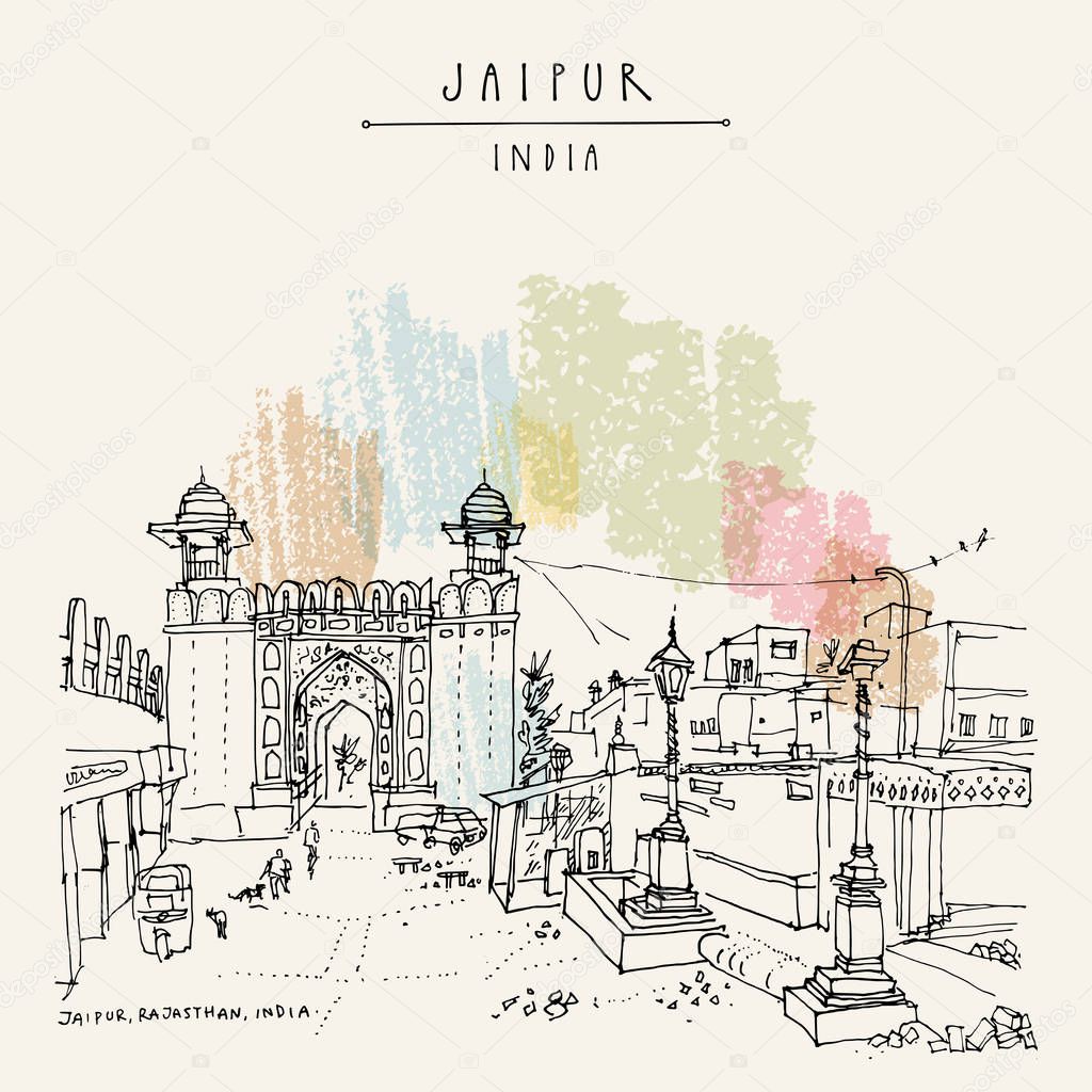 Jaipur, Rajasthan, India. Galta Gate. Heritage site. Jaipur is part of the Golden Triangle touristic rout in India. Architechtural travel sketch. Vintage hand drawn touristic postcard. Vector