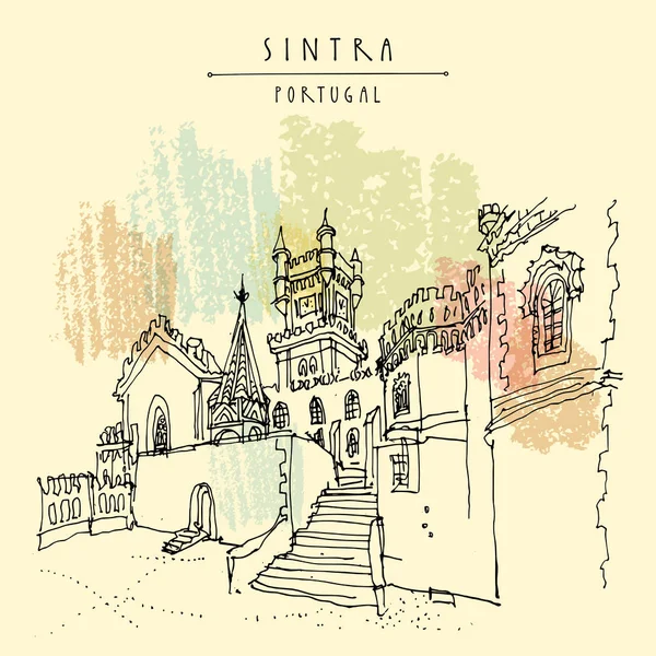 Sintra, Portekiz, Avrupa. Pena National Palace (Palacio Nacional da Pena). El çizimi retro tarzı. Seyahat kroki. Vintage turistik kartpostal, poster, takvim ya da kitap illüstrasyon vektör