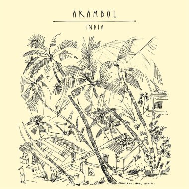 Arambol Plajı, Goa, Hindistan. Balayı yeri. Hindistan cevizi palmiye ağaçları ve tropikal bir plajda turistik konuk evleri. Yaz seyahat ikemi. Elle çizilmiş vintage sanatsal kartpostal. Vektör çizimi