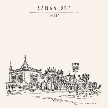 Bangalore (Bengaluru), Karnataka, Hindistan. Güzel Bangalore sarayı. Seyahat skeci. Eski el çizimi kartpostal şablonu. Vektör illüstrasyonu