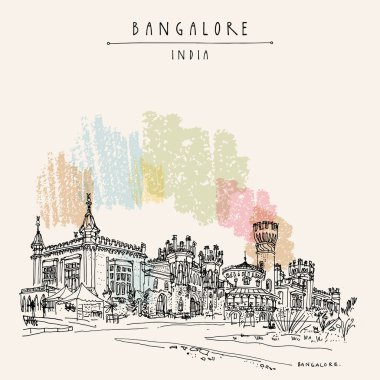Bangalore (Bengaluru), Karnataka, Hindistan. Güzel Bangalore sarayı. Seyahat skeci. Eski el çizimi kartpostal şablonu. Vektör illüstrasyonu