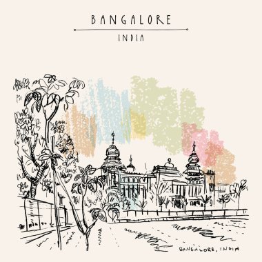 Bangalore (Bengaluru), Karnataka, Hindistan. Neo-Dravidian tarzında bina. Seyahat krokisi. Vintage el çizilmiş kartpostal şablonu. Vektör çizimi