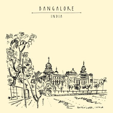 Bangalore (Bengaluru), Karnataka, Hindistan. Neo-Dravidian tarzında bina. Seyahat krokisi. Vintage el çizilmiş kartpostal şablonu. Vektör çizimi