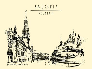 Brussels, Belçika. Grand Place illüstrasyon çizim sanatsal. Seyahat kroki. Vintage el çekilmiş seyahat kartpostal, poster şablonu veya kitap illüstrasyon vektör