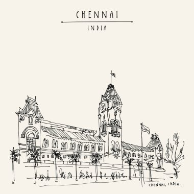 Chennai (Madras), Tamil Nadu, Hindistan. Merkez tren istasyonu. Hindistan'da güzel İngiliz dönemi sömürge binası. Seyahat krokisi. El çizimi. Vintage el Chennai kartpostal çizilmiş. Vektör çizimi
