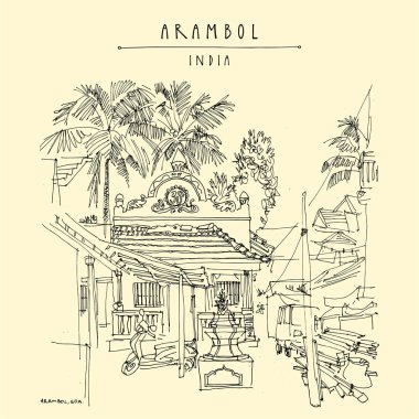 Arambol köyü, Goa, Hindistan. Evler ve palmiye ağaçları. Elle çizilmiş seyahat kartpostalı. Seyahat krokisi. Vintage el çizilmiş kartpostal. Vektör çizimi