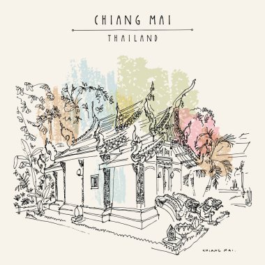 Chiang Mai, Tayland. Wat Umongmahatherachan, yükselen kanat şeklinde çatıları ile eski Budist tapınağı. Meditasyon yeri. Vektör el çizilmiş vintage turistik kartpostal