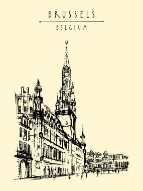 Brussels, Belçika. Grand Place illüstrasyon çizim sanatsal. Seyahat kroki. Vintage el çekilmiş seyahat kartpostal, poster şablonu veya kitap illüstrasyon vektör