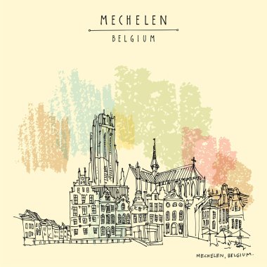 Mechelen, Belçika, Avrupa. Grote Markt'taki St. Rumbold Katedrali. Elle çizilmiş seyahat kartpostalı. Seyahat krokisi. Mechelen'in el çizimi. Vintage el Belçika kartpostal çizilmiş. Vektör çizimi