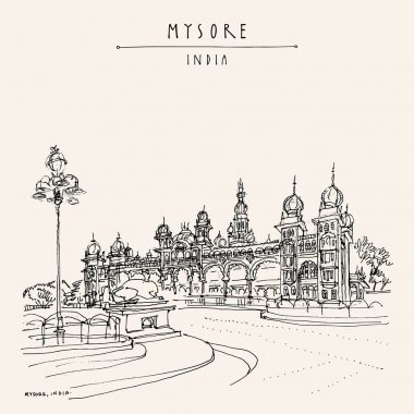 Mysore (Mysuru), Karnataka, Hindistan. Sarayım. Seyahat skeci. Eski el çizimi kartpostal şablonu. Vektör