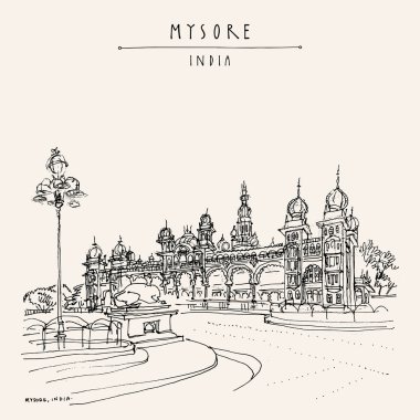 Mysore (Mysuru), Karnataka, India. Mysore palace. Travel sketch. Vintage hand drawn postcard template. Vector clipart