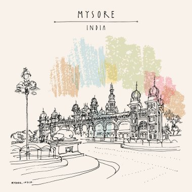 Mysore (Mysuru), Karnataka, Hindistan. Sarayım. Seyahat skeci. Eski el çizimi kartpostal şablonu. Vektör