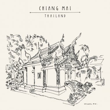 Chiang Mai, Tayland. Wat Umongmahatherachan, yükselen kanat şeklinde çatıları ile eski Budist tapınağı. Meditasyon yeri. Vektör el çizilmiş vintage turistik kartpostal